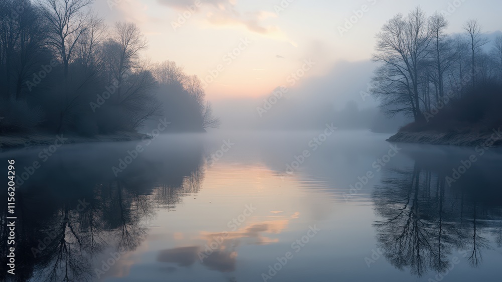Fototapeta premium Mystical Morning Mist: Serene River Landscape at Dawn