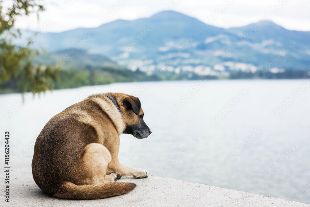 Border Collie enjoys tranquil moment on lakeside stone ledge with mountain views Border Collie enjoys tranquil moment on lakeside stone ledge with mountain views