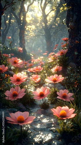 A serene forest scene featuring vibrant pink flowers amidst lush greenery. Soft sunlight filters through the trees, creating a magical ambiance in the peaceful setting.