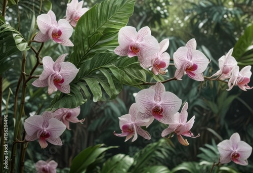 Orchid leaves with intricate patterns, swaying in tropical breeze ,  foliage,  leaf texture