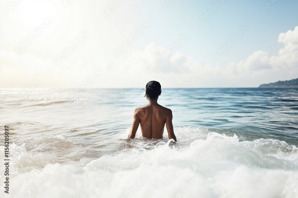 Man walks through water with waves parted, capturing a peaceful moment by the shore in faded colors Man walks through water with waves parted, capturing a peaceful moment by the shore in faded colors