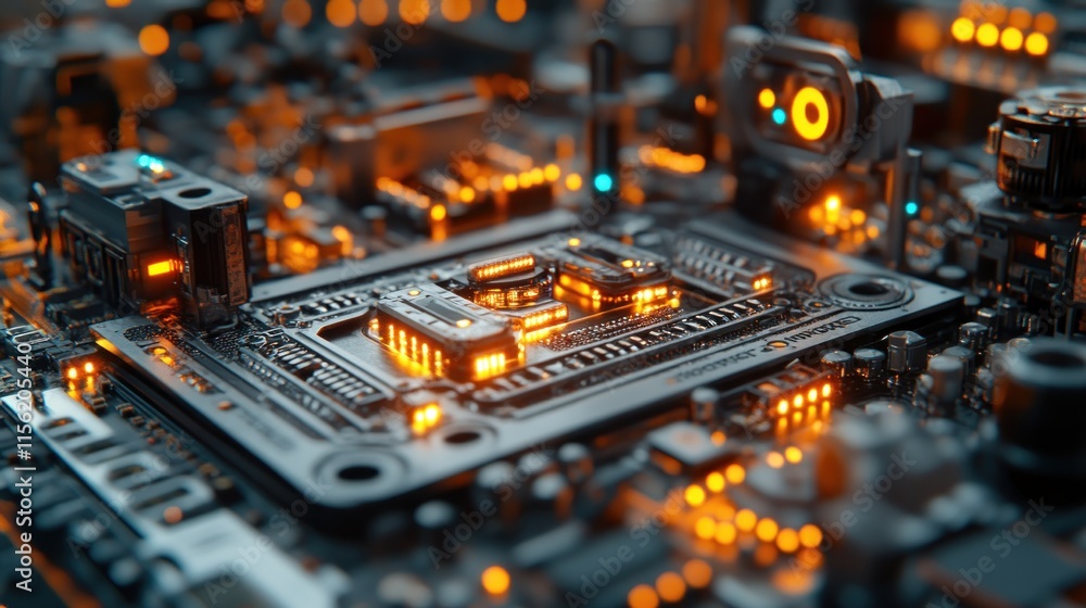 A close-up of a futuristic circuit board with glowing components. A close-up of a futuristic circuit board with glowing components.