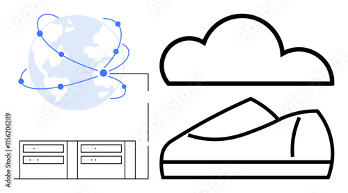 Globe with network connections, cloud icon, sneaker, and data servers. Ideal for global connectivity, cloud computing, digital storage, sneaker technology, internet services, data management, modern