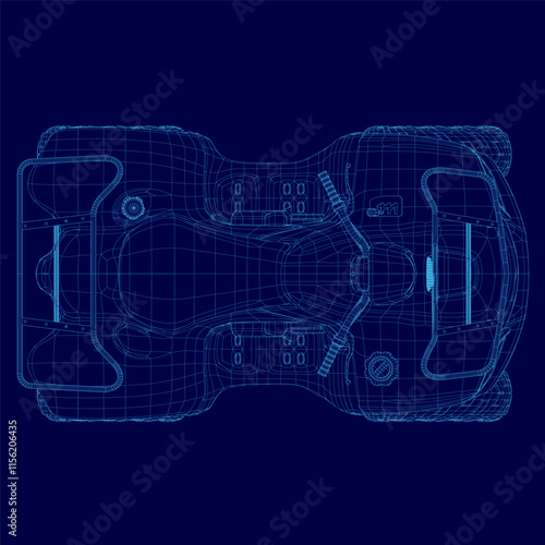 Blue drawing of a car with a blue background. The car is a futuristic design with a blue color scheme