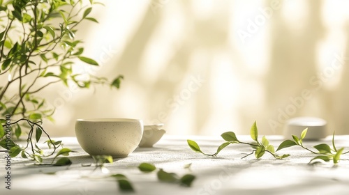 Serene tea ceremony setting with sunlight, minimalist white teacups, and fresh green leaves on a table.