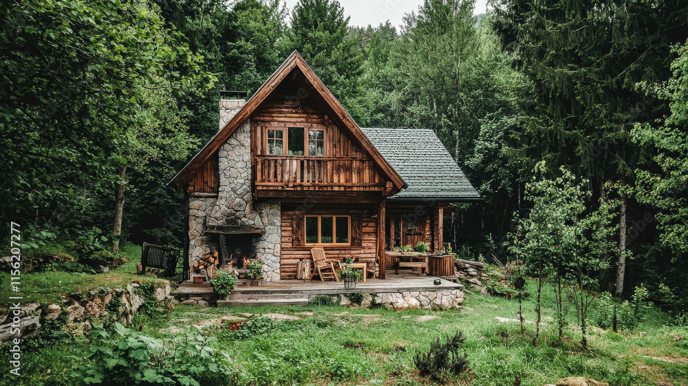 A cozy mountain cabin crafted from wood, featuring a stone chimney, nestled among snow-capped peaks and surrounded by a serene pine forest, creating a perfect winter retreat. A cozy mountain cabin crafted from wood, featuring a stone chimney, nestled among snow-capped peaks and surrounded by a serene pine forest, creating a perfect winter retreat.