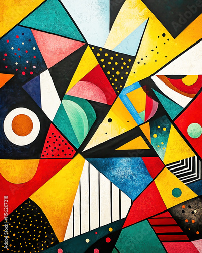 A colorful, textured, abstract artwork with cubism and pop art elements and geometric shapes.