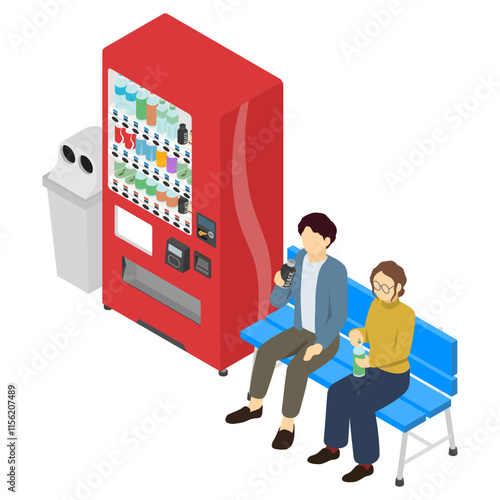 アイソメトリックイラスト：自動販売機とベンチで飲み物を飲む人