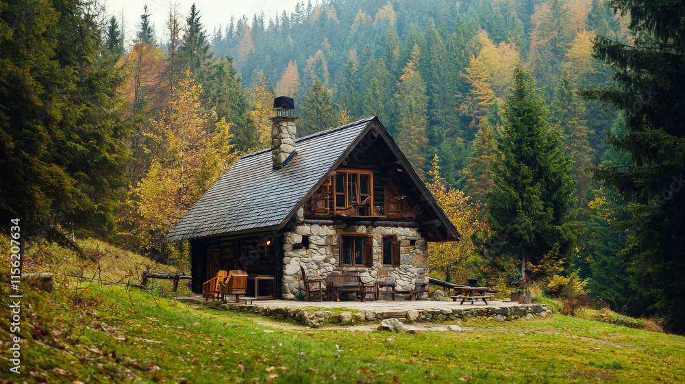 A cozy mountain cabin crafted from wood, featuring a stone chimney, nestled among snow-capped peaks and surrounded by a serene pine forest, creating a perfect winter retreat. A cozy mountain cabin crafted from wood, featuring a stone chimney, nestled among snow-capped peaks and surrounded by a serene pine forest, creating a perfect winter retreat.