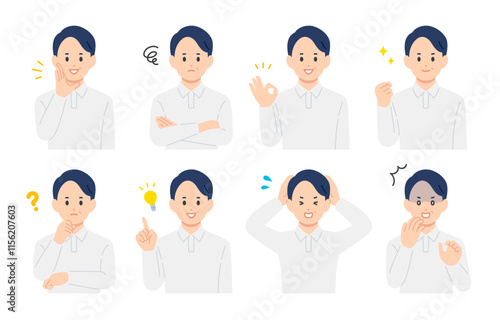 いろいろな表情やポーズをする中年男性のセット【人物ベクターイラスト素材】