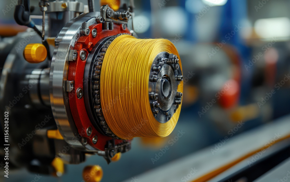 Intricate dance of golden threads: Witness the mesmerizing precision of industrial textile machinery in action! Intricate dance of golden threads: Witness the mesmerizing precision of industrial textile machinery in action!