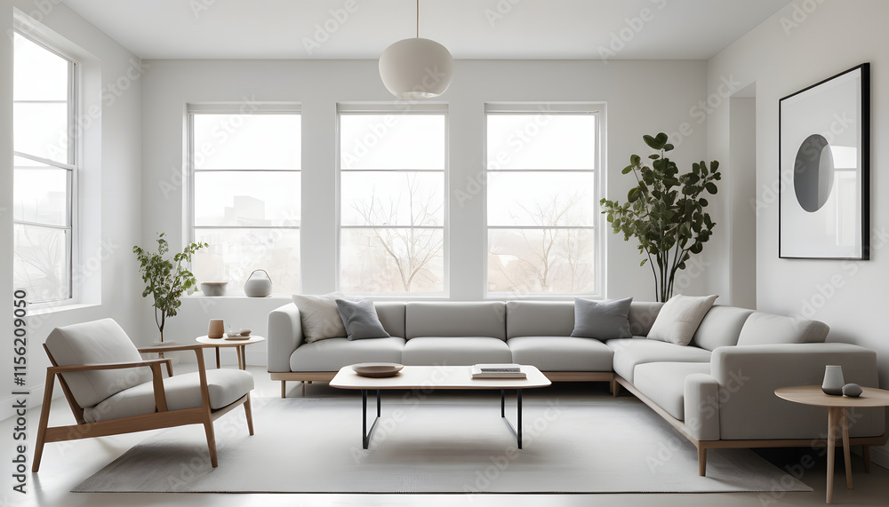 Fototapeta premium Modern living room with luxurious furniture, featuring large windows and a comfortable atmosphere, perfect for a stylish home or apartment interior