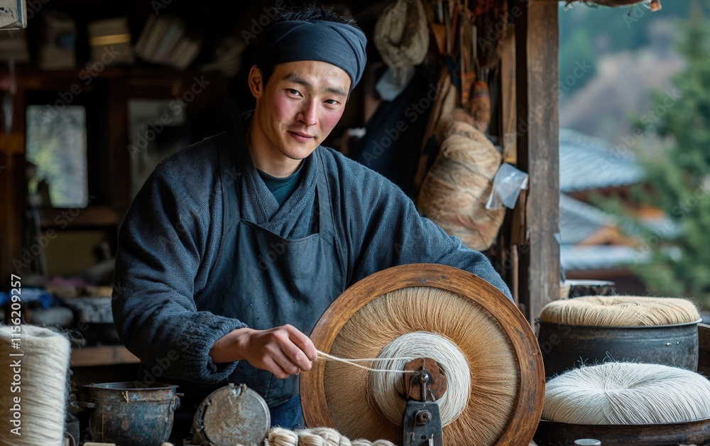 Mastering ancient craft: A skilled artisan meticulously spins yarn, his focused expression reflecting years of experience and dedication to tradition. #yarn #craft Mastering ancient craft: A skilled artisan meticulously spins yarn, his focused expression reflecting years of experience and dedication to tradition. #yarn #craft