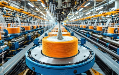 Intricate dance of threads: A mesmerizing glimpse into a textile factory's spinning process, where vibrant colors meet industrial precision. photo