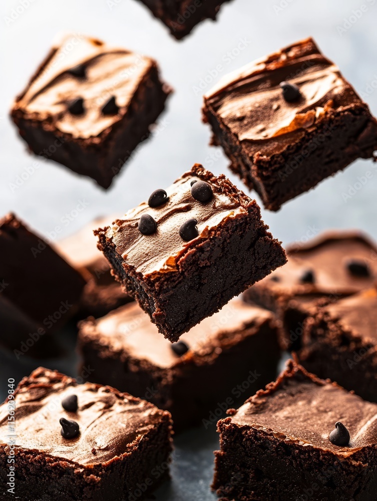 Chocolate brownies with chocolate chips frosting, levitating against gray background. Chocolate brownies with chocolate chips frosting, levitating against gray background.