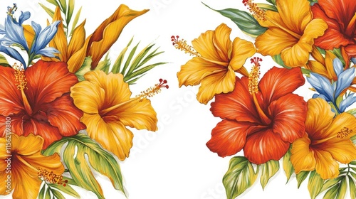 Wallpaper Mural Vibrant hibiscus and tropical foliage arrangement, perfect for textile, wallpaper, or print design. Torontodigital.ca