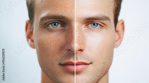 A before and after comparison of a man's face, showcasing the transformation of dull skin to radiant, glowing skin after a facial treatment