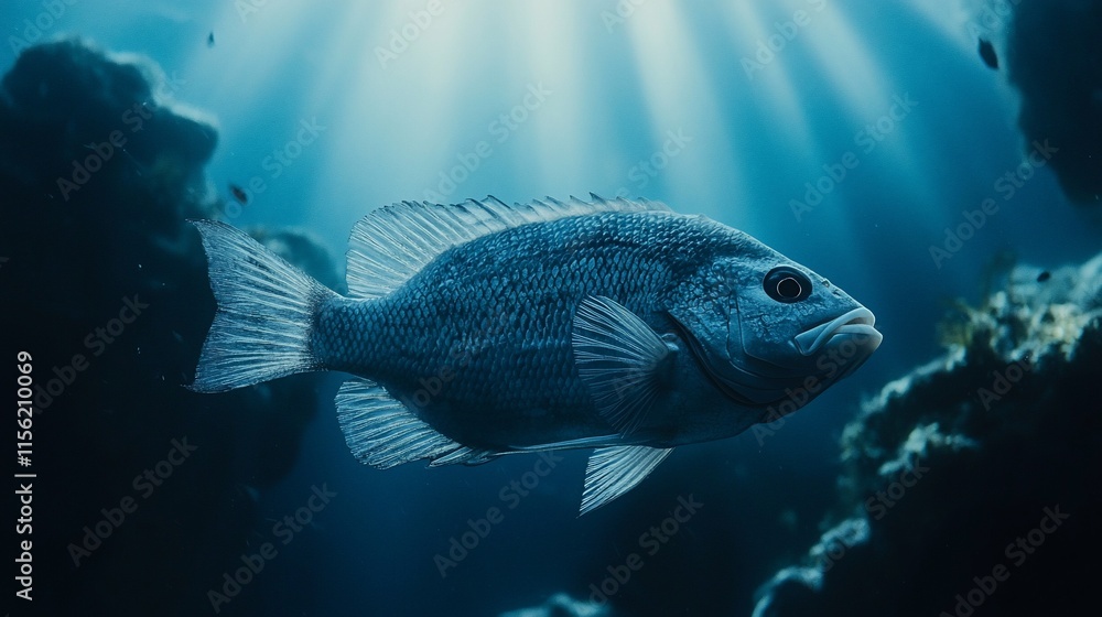 Underwater shot of a blue fish swimming near rocks. Underwater shot of a blue fish swimming near rocks.