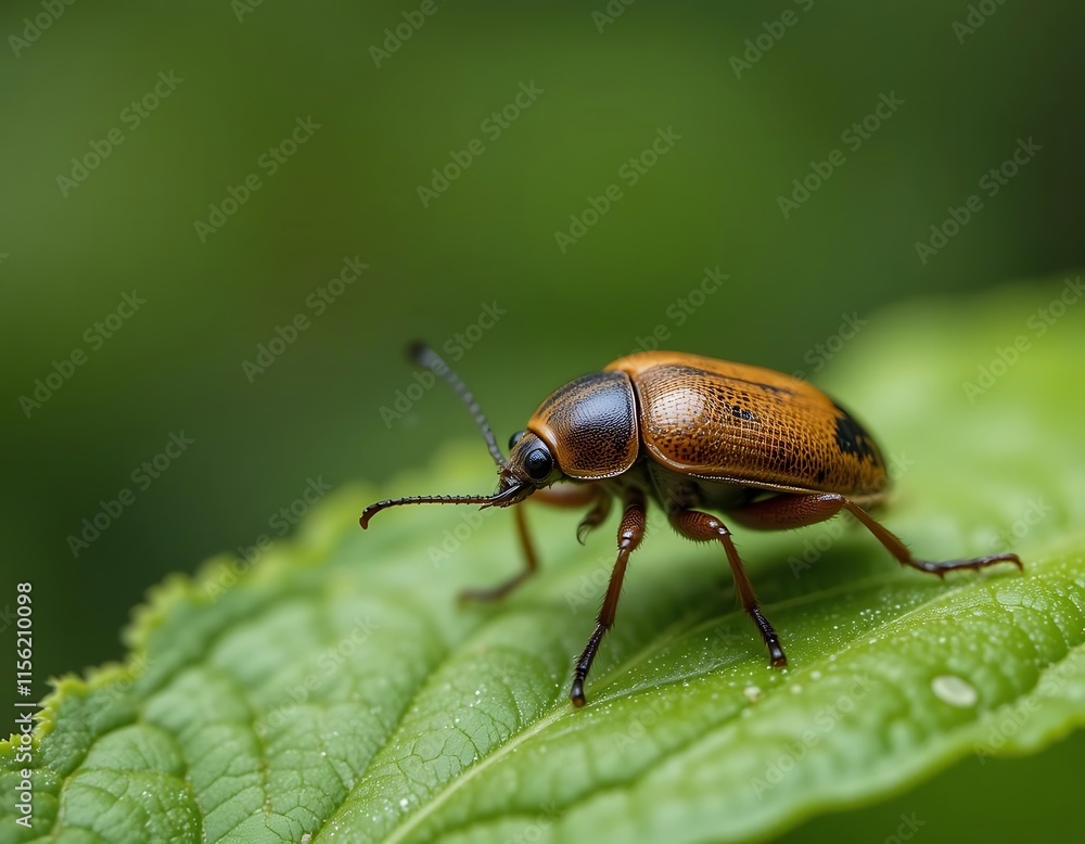 Orange Beetle Crawling on a Green Leaf