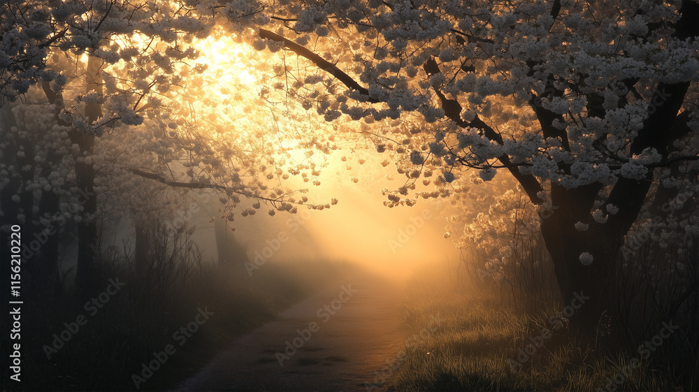 朝靄と光が織りなす桜並木の静寂な風景 朝靄と光が織りなす桜並木の静寂な風景
