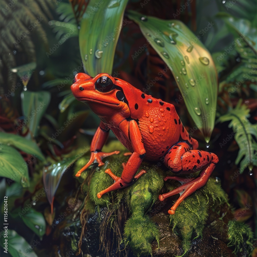 Vibrant red frog perched on mossy rock in lush rainforest. Vibrant red frog perched on mossy rock in lush rainforest.