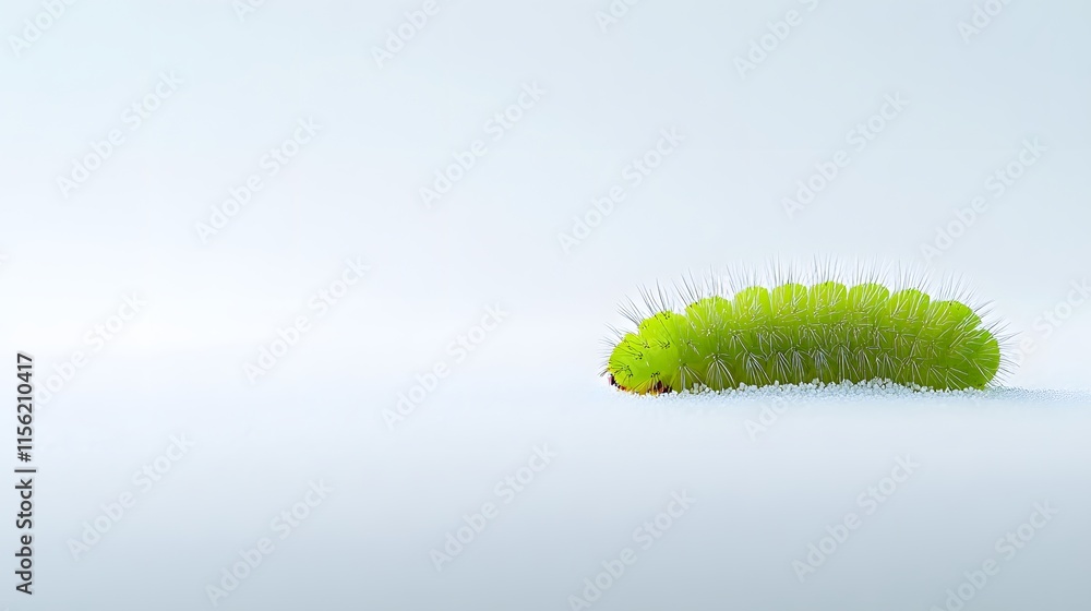 Fototapeta premium A Vibrant Green Caterpillar Crawls on White Surface