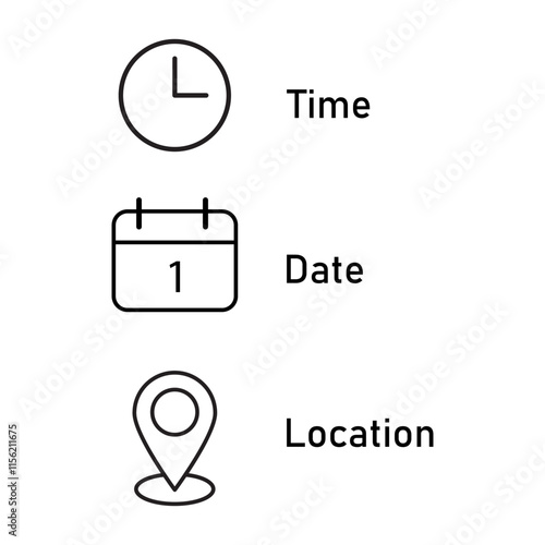 Time clock icon. One calendar shape. Location marker vector. Minimal black outline.
