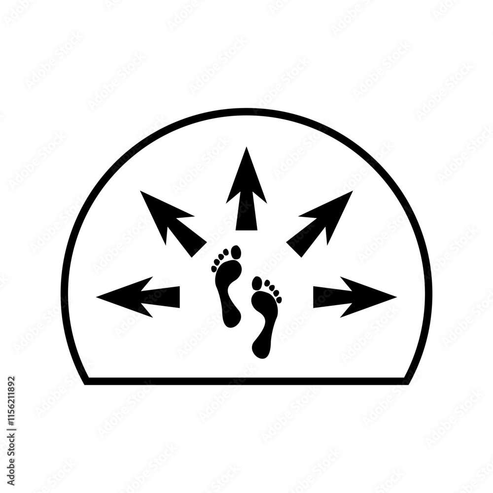 Footprint with arrows. Black directional icon. Path and movement symbol. Vector isolated graphic. Footprint with arrows. Black directional icon. Path and movement symbol. Vector isolated graphic.