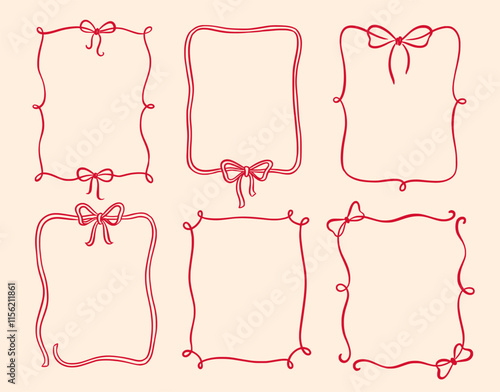 Bow frame ribbon border vintage hand drawn set. Hand drawn doodle sketch style line bow frame decorative red color ornament. Elegant doodle holiday, wedding ribbon border. Vector illustration