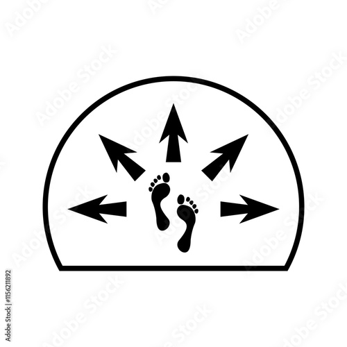 Footprint with arrows. Black directional icon. Path and movement symbol. Vector isolated graphic.