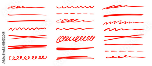 Red marker underline brush stroke set. Marker red pen highlights squiggle stroke. Vector swoosh brush handwritten underline set for accent, pencil emphasis element. Vector illustration