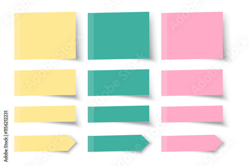 Sticky note set. Pink, yellow, green. Colorful vector paper. Rectangular shapes collection.