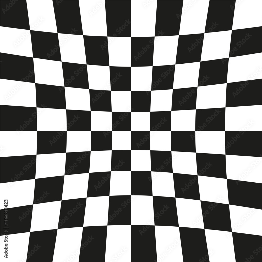 Warped chessboard pattern. Optical illusion design. Curved grid shape. Black and white vector. Warped chessboard pattern. Optical illusion design. Curved grid shape. Black and white vector.