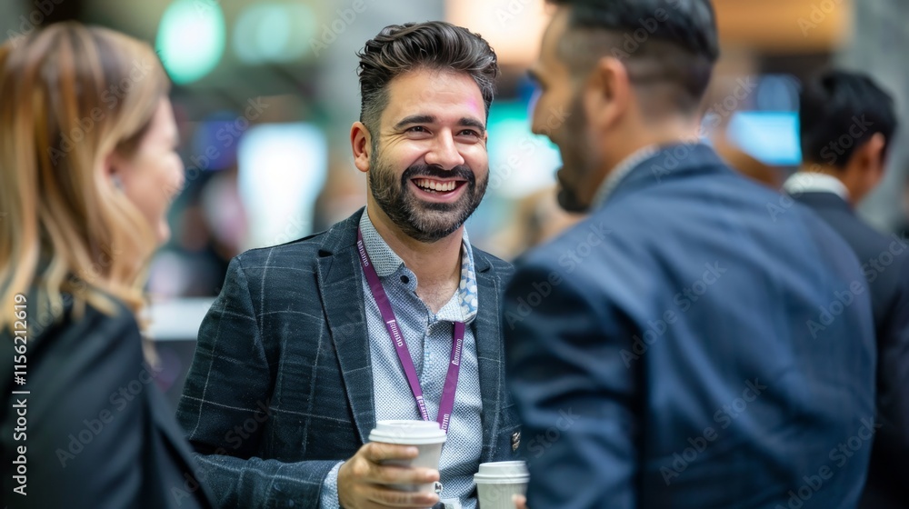 Happy male entrepreneur discussing with delegates while having coffee at convention center Happy male entrepreneur discussing with delegates while having coffee at convention center