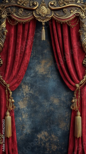 Red Velvet Curtains with Decorative Gold Trim and Vintage Background