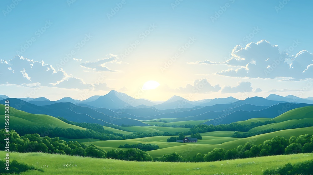 Serene Sunrise Over Rolling Green Hills and a Farmhouse Serene Sunrise Over Rolling Green Hills and a Farmhouse
