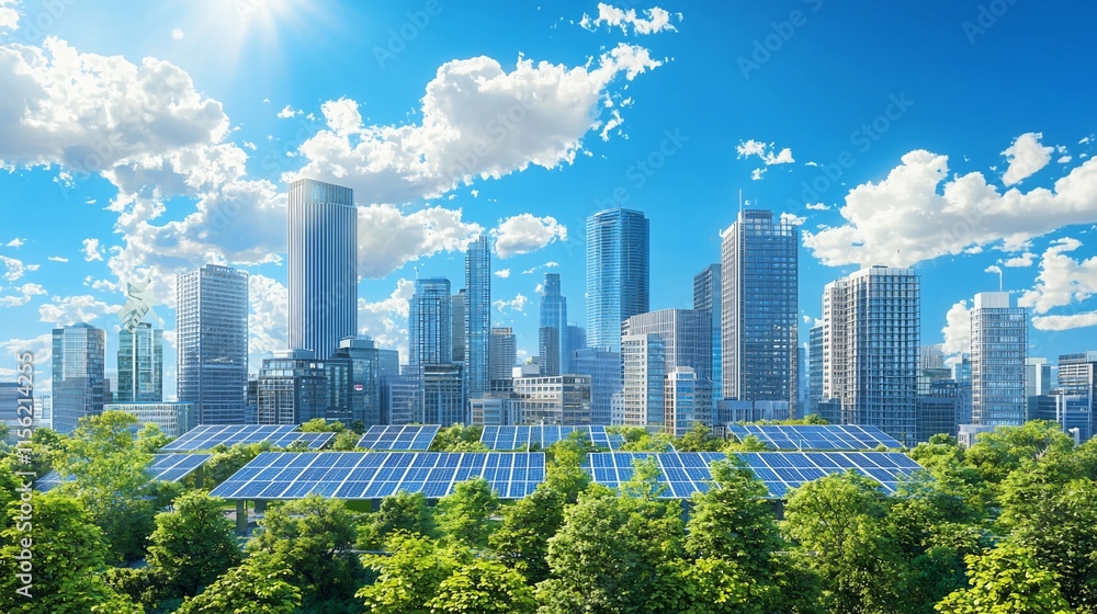Obraz premium Eco-friendly city skyline with solar panels.