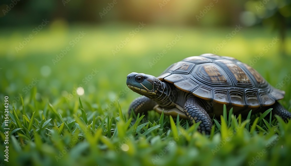 A small turtle walks on green grass in sunlight A small turtle walks on green grass in sunlight