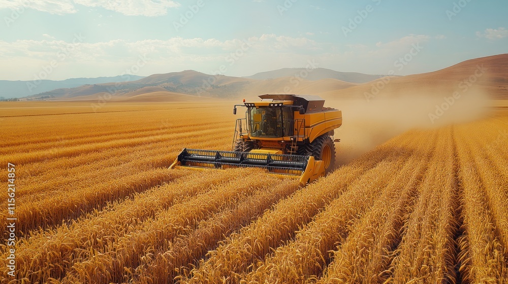 Obraz premium A combine harvester working in a golden wheat field under a clear sky.