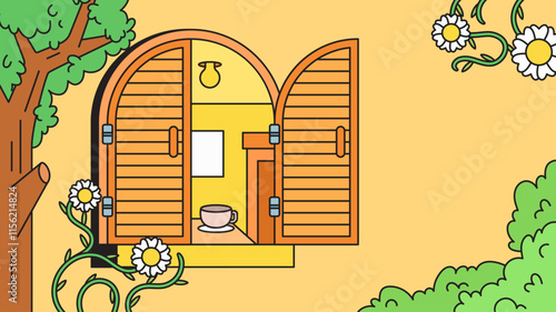 Cozy open shutter window seeing inside room with floral surrounding outsides room background illustration in cartoon hand drawn