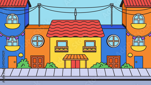 Background illustration Colorful urban row house city scape with cartoon hand drawn retro vintage illustration