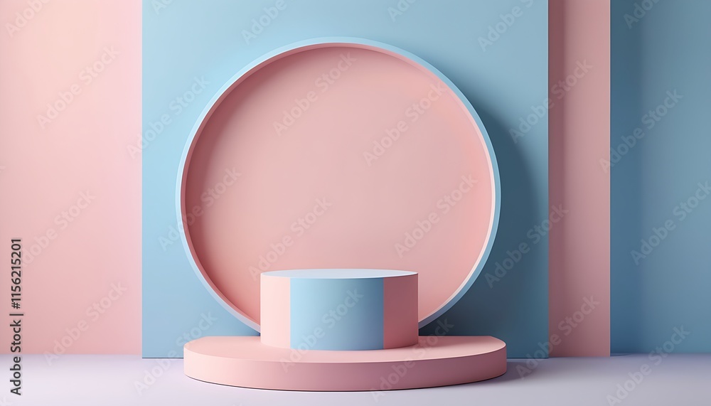 Fototapeta premium MInimalist pastel geometric podium circular frame for product showcase, modern color, soft pink, blue pale colors. Dreamy Beauty cosmetic product placement pedestal promotion stand display