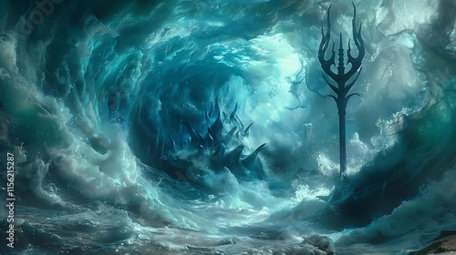 A mystical trident stands in a swirling, icy, underwater cavern.