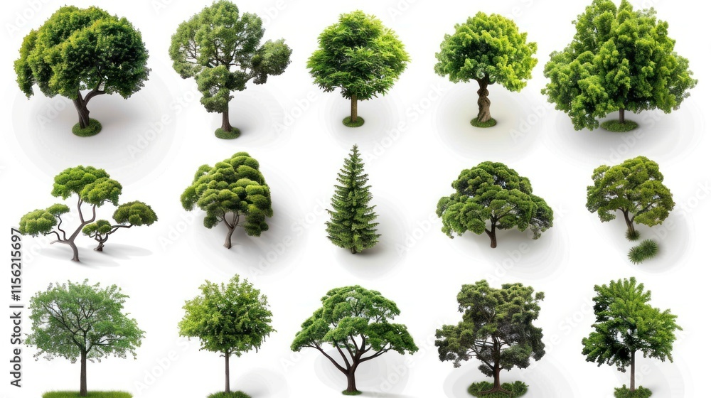 Obraz premium Collection of various tree types, isolated on white background, showing lush foliage and different shapes.