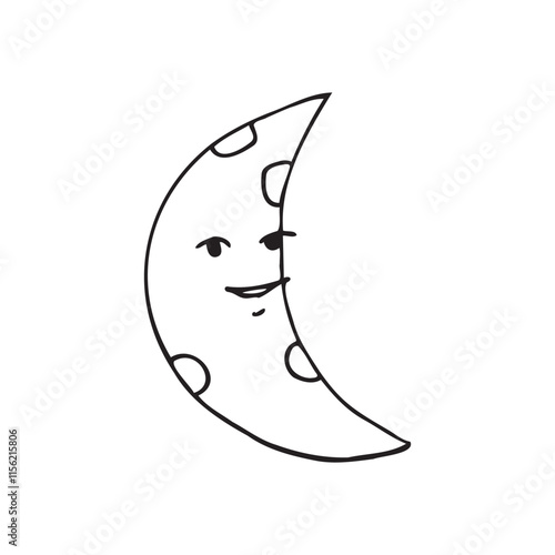 Illustration of a smiling moon with a cheerful expression, decorated with a pattern of spots typical of the moon's surface. This cute and minimalist design is suitable for night, dream or fun themes.