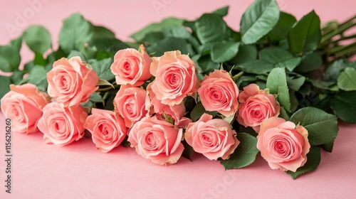 A beautiful bouquet of soft pink roses on a light pink background, perfect for Valentine's Day, showcasing love, romance, and elegance. A perfect design element with space for custom text or messaging