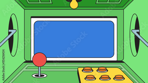 Retro arcade game console interface with joystick and buttons for background illustration in cartoon retro hand drawn style vector design