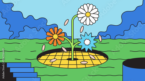 Colorful Flowers Growing from a Grid Surrounded by Blue Skies Cartoon Hand drawn illustration