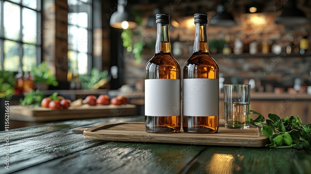 Obraz premium Two bottles of amber liquid on a wooden tray with a glass, set in a rustic kitchen environment.