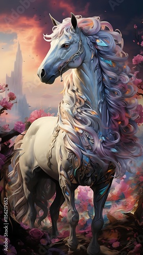 Majestic white horse with flowing mane and tail, adorned with intricate designs, stands in a fantasy landscape with pink blossoms and a distant castle. photo